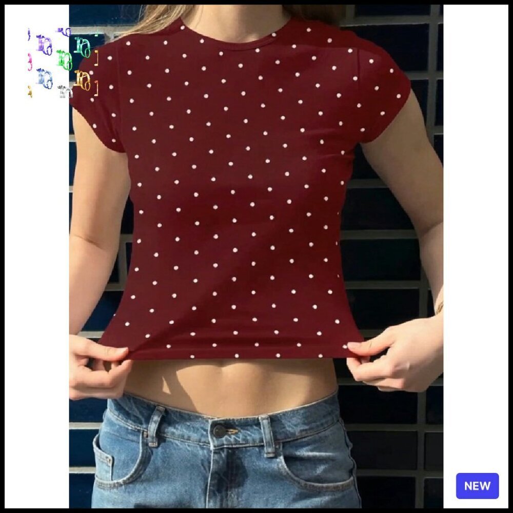 Y2K Vintage Polka Dot Crop Tee Slim Fit Crewneck Streetwear Kids Top - Picture 5 of 5